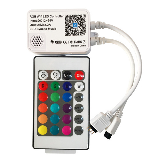 DC12~24V RGB WiFi Music Smartphone APP Remote LED Controller With 24 Keys Remote Control, Work With Alexa & Google Assitant DC12~24V RGB WiFi Music Smartphone APP Remote LED Controller With 24 Keys Remote Control, Work With Alexa & Google Assitant